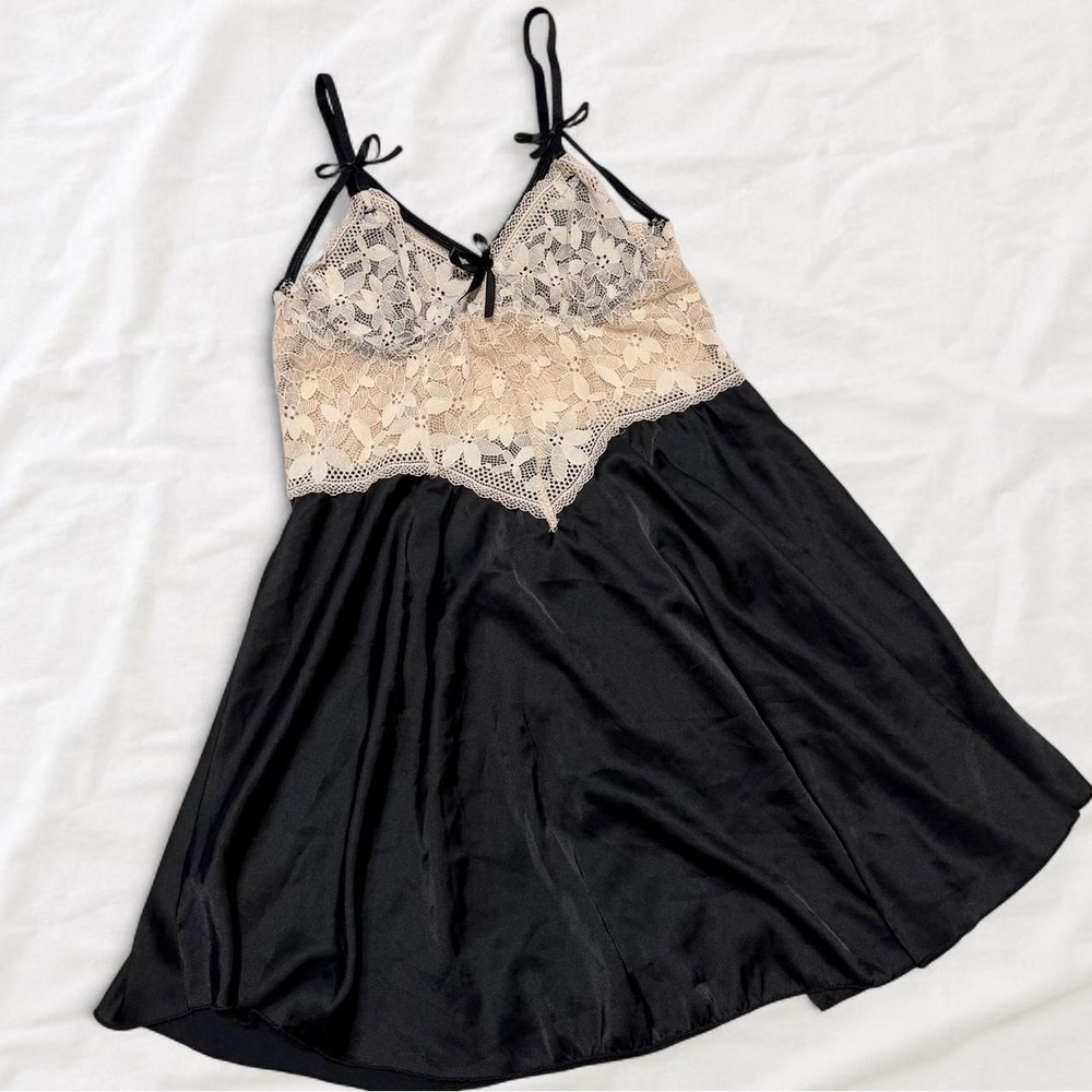 Coquette Ivory Lace Black Satin Babydoll Mini Dress